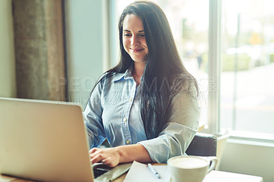 Buy stock photo Woman, laptop and cafe for editing online, freelance copywriter and research for article. Female person, plan and reading information on website for media, coffee shop and internet for remote work