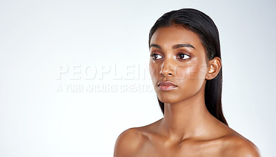 Buy stock photo Indian woman, skincare and studio for beauty cosmetics on white background, mockup space or dermatology. Female person, model and healthy wellness with makeup confidence for self care, glow or shine