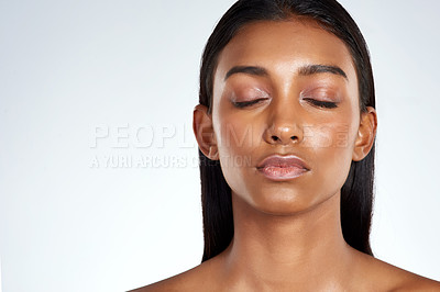 Buy stock photo Beauty, skincare and African woman in studio with mockup space for cosmetics, healthy skin and wellness. Female person, face and makeup on white background, eyes closed and model with backdrop
