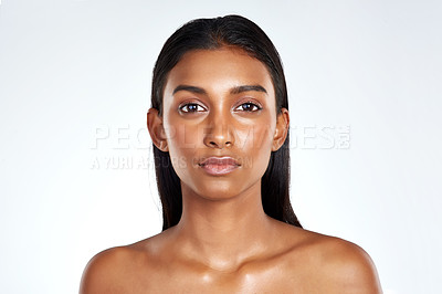 Buy stock photo Studio, portrait and natural beauty of Indian woman with skincare or dermatology in mockup space. Face, makeup and girl with confidence from healthy facial or pride from cosmetics in white background