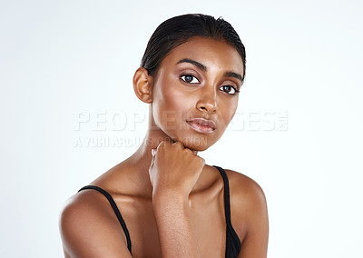 Buy stock photo Portrait, skincare and beauty of Indian woman in studio for body wellness isolated on a white background mockup. Face, cosmetics and serious model in makeup for dermatology, shine or glow for health