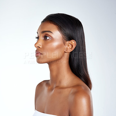 Buy stock photo Face, beauty and cosmetics for Indian woman, studio and facial or makeup. Cosmetology, self care and dermatology for confident female model, spa or salon treatment for skincare or wellness aesthetic