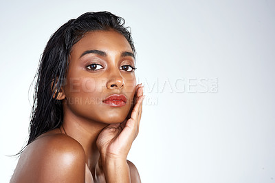 Buy stock photo Beauty, studio and portrait of Indian woman with makeup and skincare in mockup space. Model, face and girl with confidence from healthy self care and pride from cosmetics in white background