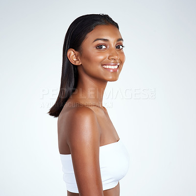 Buy stock photo Portrait, skincare and beauty of happy Indian woman in studio for wellness isolated on a white background mockup space. Face, cosmetics and model in makeup for dermatology, shine or body for health