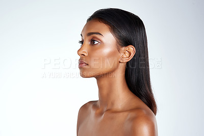 Buy stock photo Profile, beauty and face for Indian woman, mockup and cosmetic or makeup. Cosmetology, spa and beautician for confident female model in studio, salon and treatment for skincare or wellness aesthetic