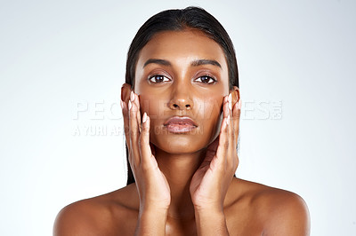 Buy stock photo Studio, beauty and portrait of Indian woman with skincare, self care or dermatology in mockup space. Face, makeup and girl with confidence in healthy facial or pride in cosmetics on white background