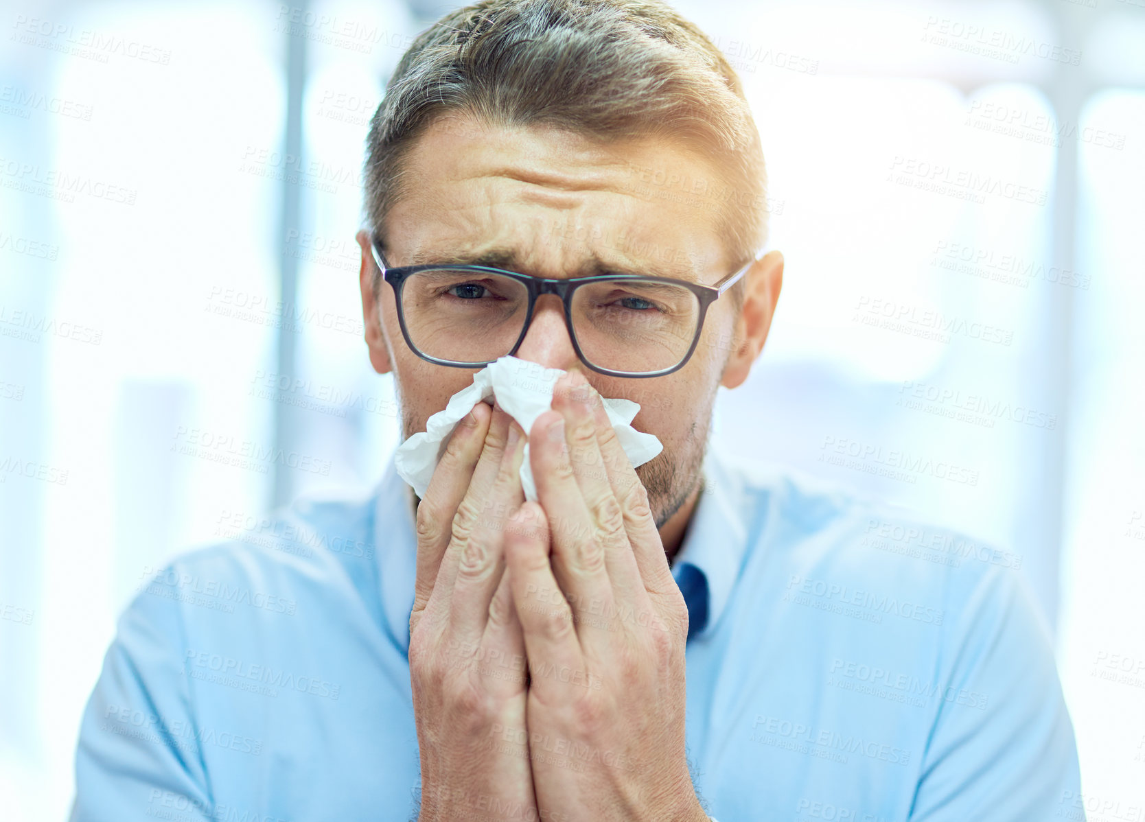 Buy stock photo Mature man, portrait and blowing nose with tissue for allergies, hayfever and sick with virus infection. Healthcare, person and flu symptoms with illness from particles bacteria, disease and cold