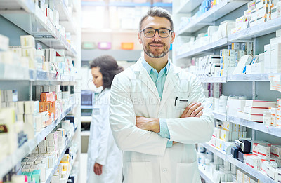 Buy stock photo Healthcare, smile and portrait of man in pharmacy with confidence, advice and about us in drug store. Happy, arms crossed and pharmacist with wellness, prescription medicine and health insurance