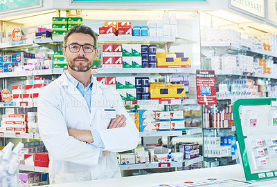 Buy stock photo Pharmacy, pharmacist and portrait of man with crossed arms for wellness, medicine and medical service. Healthcare, pharmaceutical and person in dispensary for medication, supplements and inventory