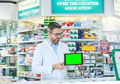 Buy stock photo Man, pharmacist and tablet with green screen with health, store and mockup with pharmaceutical promo on app. Mature pharma expert, digital touchscreen and space with chromakey for mock up in shop