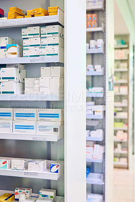 Buy stock photo Pharmacy, shelf and boxes for healthcare, empty or pharmaceutical stock for wellness, health and interior. Shop, store and retail product with storage, choice or sale for medicine, discount and drugs