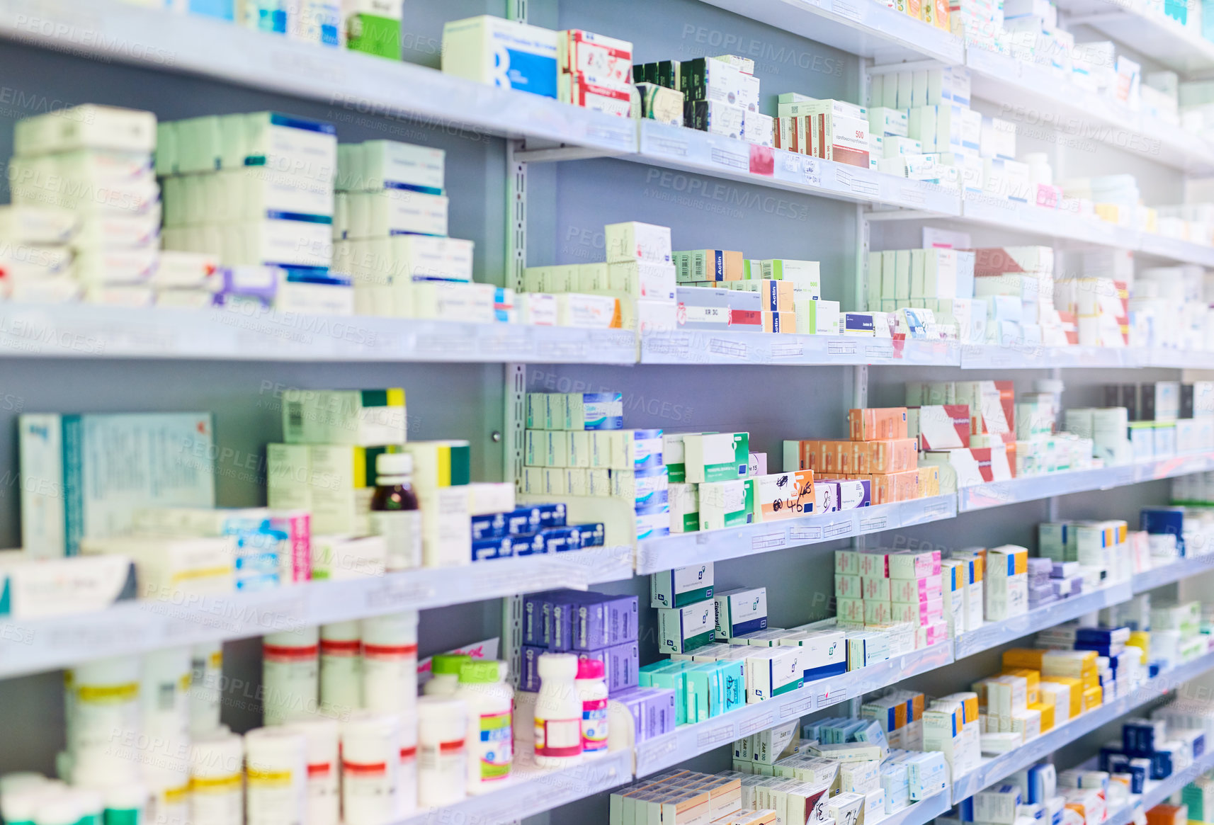 Buy stock photo Pharmacy, shelf and boxes for product, empty or pharmaceutical stock for wellness, health and interior. Shop, store and retail healthcare with storage, choice or sale for wellness, discount and drugs