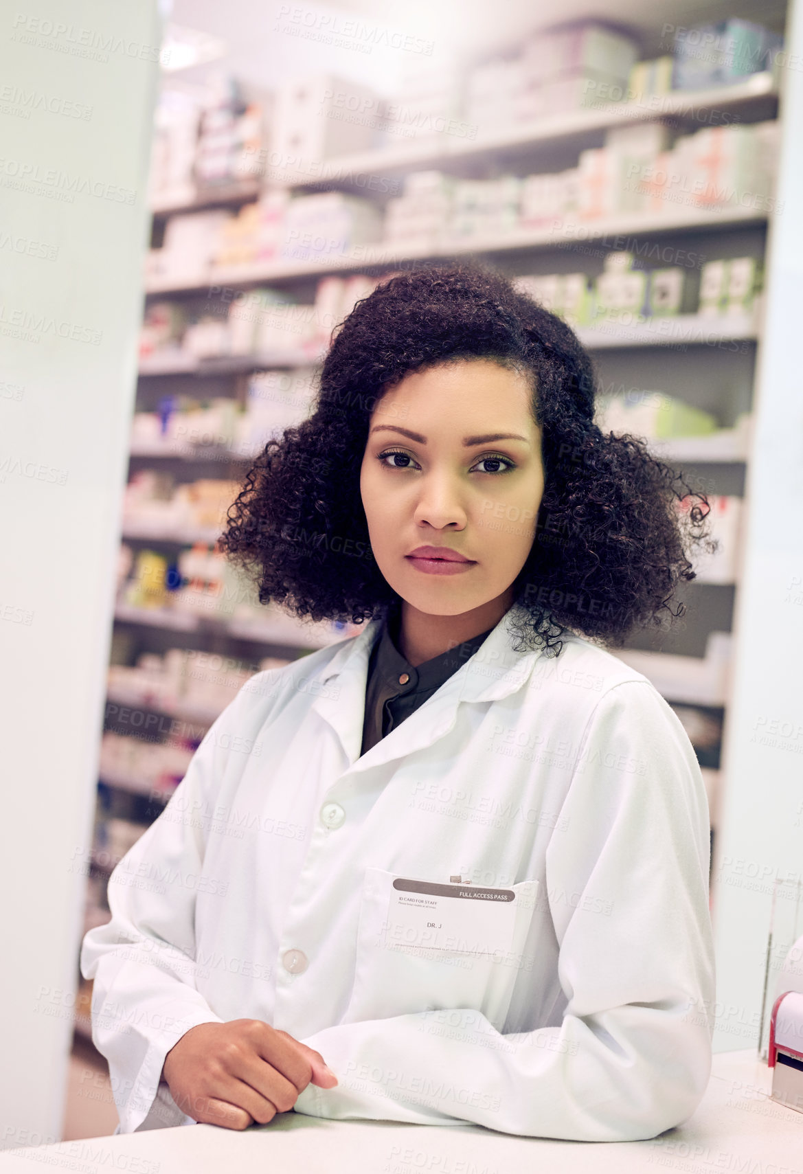 Buy stock photo Consultant, pills and portrait with woman in pharmacy for medicine, advice and healthcare. Medical, insurance and antibiotic prescription with pharmacist for inventory, drugstore or dispensary