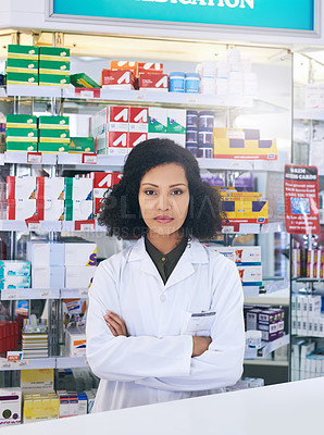 Buy stock photo Pharmacy, pharmacist and portrait of woman with crossed arms for wellness, medicine and medical service. Healthcare, pharmaceutical and person in dispensary for medication, supplements and inventory