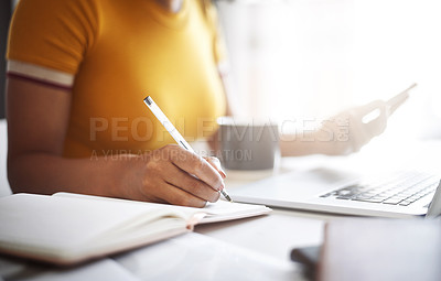 Buy stock photo Book, coffee and hands of person with laptop for working, network or research with technology in home. Student, studying or writing notes for online test or exam, computer and connection for results