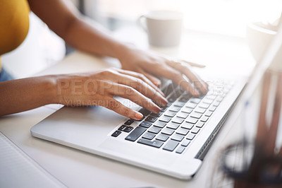 Buy stock photo Keyboard, typing and hands of person with laptop for working, network or research with technology in home. Girl, studying or online test or exam for education, computer and connection for results