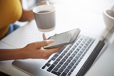 Buy stock photo Woman, hands and phone at a laptop for work networking and employee typing. Female worker, table and social network app with mobile communication and text for professional and web connection
