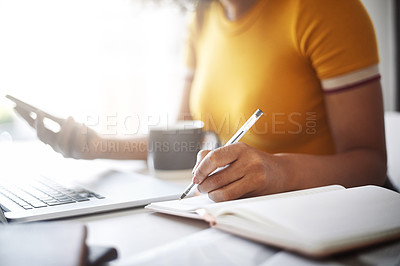 Buy stock photo Book, coffee and hands of person with mobile for working, network or research with technology in home. Student, studying or writing notes for online test or exam, laptop and connection for results