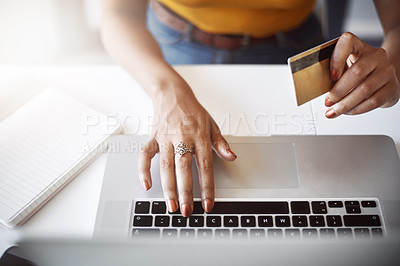 Buy stock photo Hands, laptop and above woman with credit card for ecommerce, deal or discount in home office. Online shopping, payment and overhead of lady person with debit, banking or budget, planning or loan