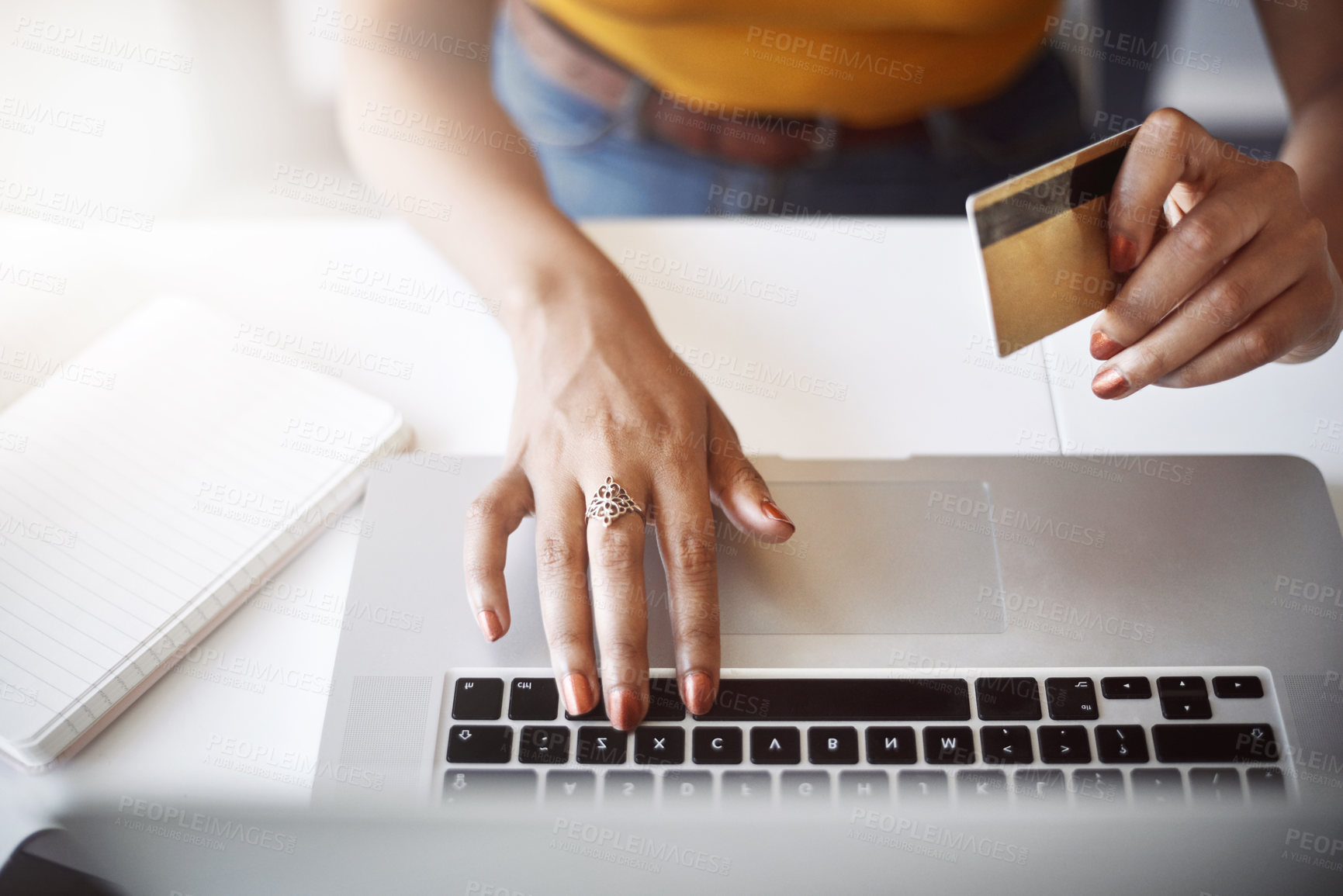 Buy stock photo Hands, laptop and above woman with credit card for ecommerce, deal or discount in home office. Online shopping, payment and overhead of lady person with debit, banking or budget, planning or loan