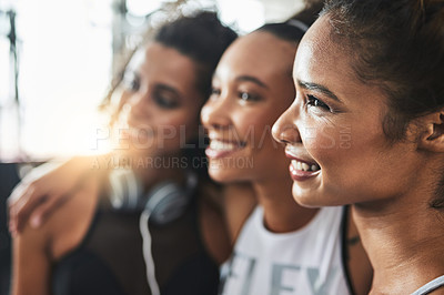 Buy stock photo Shot of a group of happy young women enjoying their time together at the gym