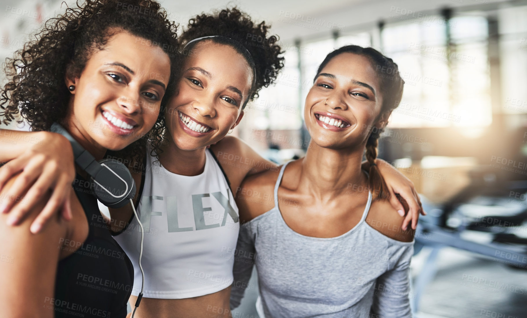 Buy stock photo Shot of a group of happy young women enjoying their time together at the gym