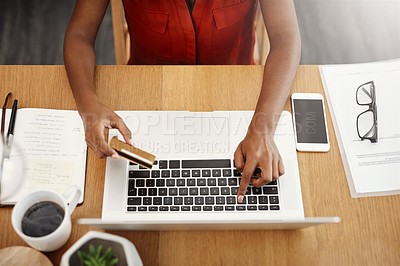Buy stock photo Credit card, laptop and payment with hands of woman for online shopping, ecommerce or internet store. Above female entrepreneur at desk with keyboard for banking, booking website for business