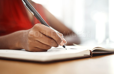 Buy stock photo Businesswoman, pen and writing with hands in book for work in office for learning in law firm. Trust, notebook and legal with advice for client in professional expertise in career with letter for job