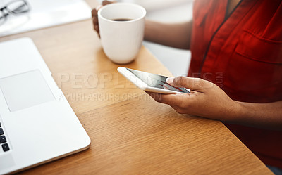 Buy stock photo Woman, tea or hands with phone in home office for social media, internet post or mobile notification. Digital nomad, remote work or above of freelancer texting online for networking on coffee break
