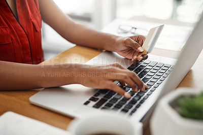 Buy stock photo Payment, credit card and woman at laptop for online shopping, e-commerce or internet store. Closeup of female entrepreneur at desk with keyboard for banking, booking or fintech website for business