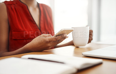 Buy stock photo Woman, coffee or hands with mobile in remote work for social media, internet post or website notification. Digital nomad, home office or freelancer texting online for networking or phone on break