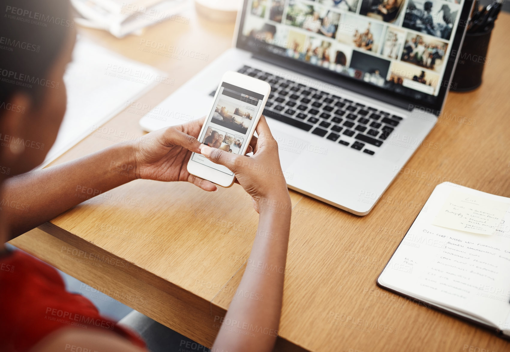 Buy stock photo Laptop, phone screen and hands of business woman with website for media, research and creative work or blog. Female entrepreneur at a desk with a smartphone and internet while typing at desk