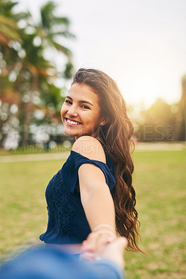 Buy stock photo Holding hands, nature and portrait of woman in park with boyfriend for romantic outdoor date. Smile, pov and female person from Brazil with connection, bonding and care walking in garden or field.