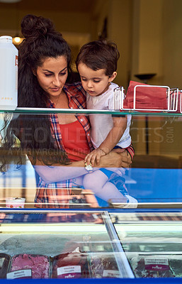 Buy stock photo Ice cream, shop and mom with child with choice, decision and options for flavor for dessert. Family, outing and mother with young boy by glass display for frozen food, snack and sweet treat in summer