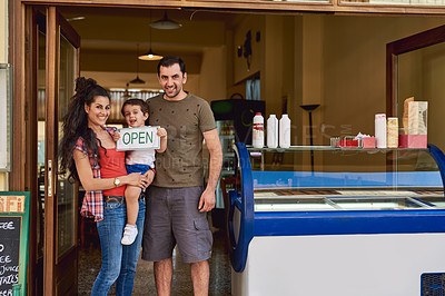 Buy stock photo Family, portrait or open sign with ice cream for small business with child, smile or board. Parents, mom and dad with boy or kid for selling treats or dessert in shop for service or entrepreneurship