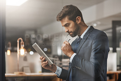 Buy stock photo Business, man and thinking or reading with tablet in office for problem solving, brainstorming or inspiration for research. Professional, employee or glasses with technology for digital project ideas