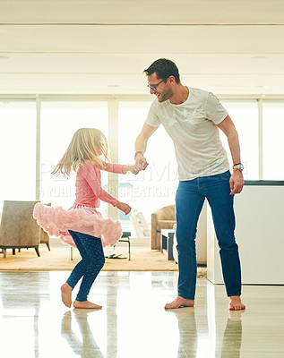 Buy stock photo Father, girl and ballet dancing in home with smile, care and holding hands with bonding, love and tutu. Dad, child and ballerina with rhythm, steps and connection with play in happy family house