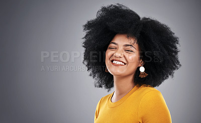 Buy stock photo African, beauty and woman with natural hair care in studio, background and mock up with happiness. Cosmetics, treatment and girl with makeup, skincare or pride in healthy afro texture or style