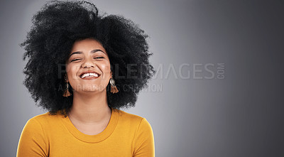 Buy stock photo Black woman, fashion and haircare with happiness in studio on grey background and confident. Female person, smile and satisfied with hair results, treatment and routine wellness and wellbeing