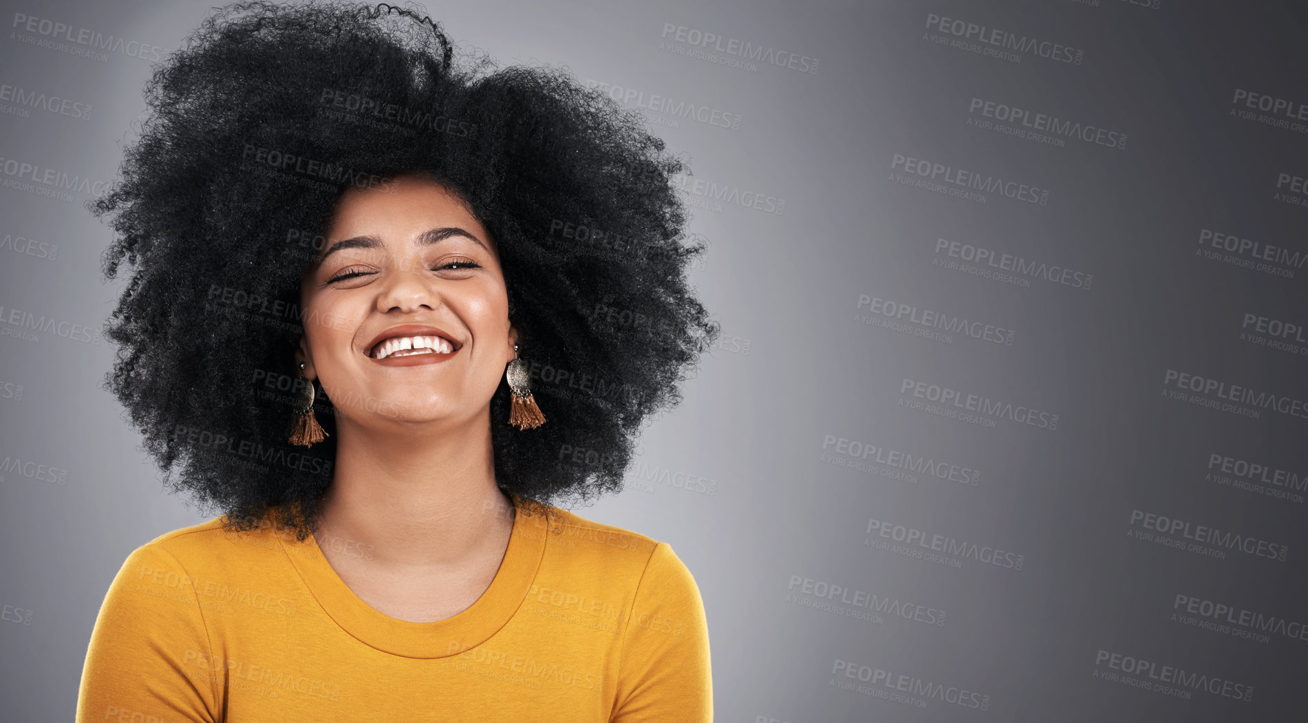 Buy stock photo Black woman, fashion and haircare with happiness in studio on grey background and confident. Female person, smile and satisfied with hair results, treatment and routine wellness and wellbeing