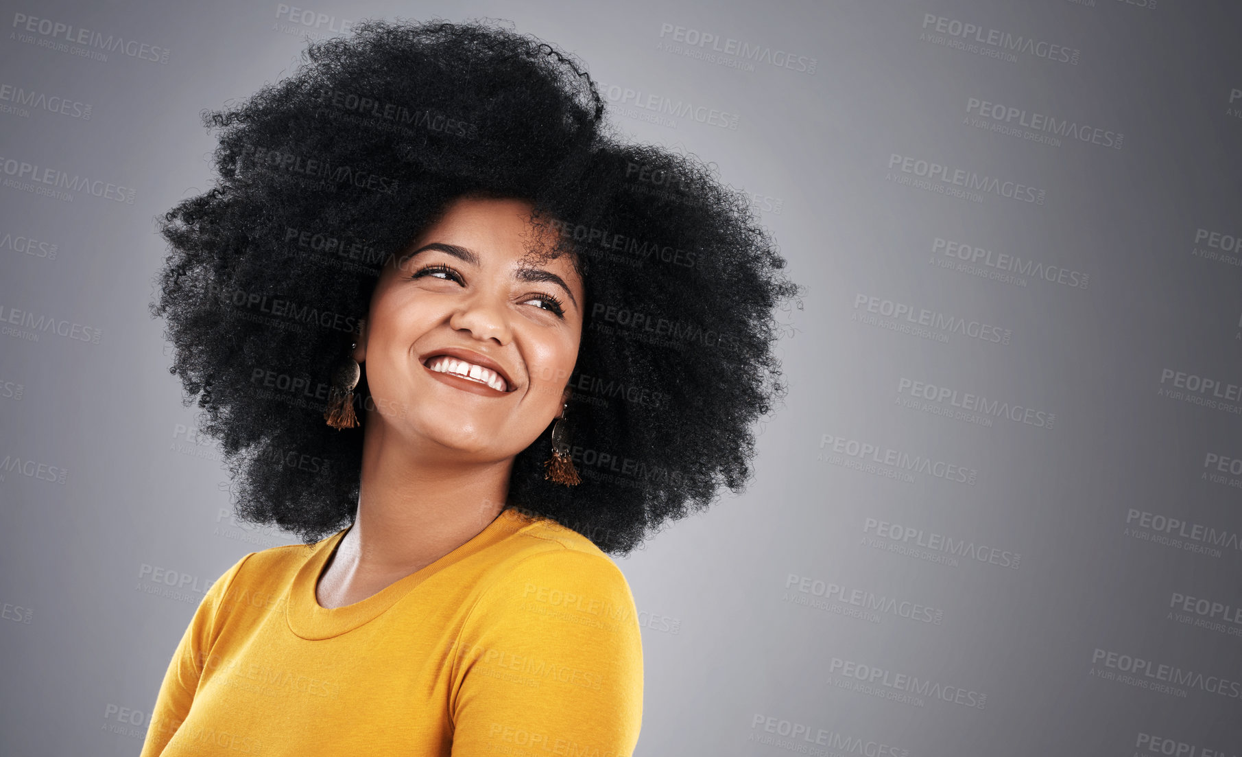 Buy stock photo Thinking, woman and decision with choice, solution and problem solving on grey studio background. Person, girl and model with afro and thoughts with ideas and planning with questions and inspiration