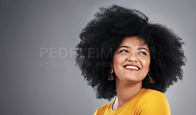 Buy stock photo Thinking, woman and decision with choice, inspiration and problem solving on grey studio background. Person, ideas and model with afro and thoughts with smile and planning with questions and ponder