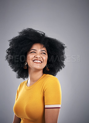Buy stock photo Thinking, woman and ideas with choice, thoughts and problem solving on grey studio background. Person, girl and model with afro and planning with questions and inspiration with decision and mindful