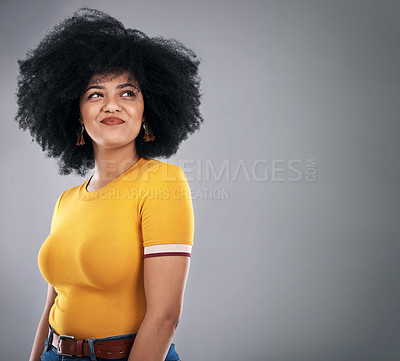 Buy stock photo Thinking, woman and decision with idea, solution and problem solving on grey studio background. Person, girl or model with afro or thoughts with planning or promotion with mockup space or inspiration