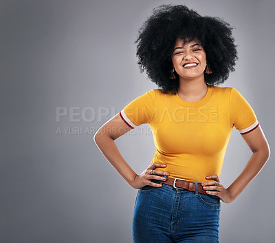 Buy stock photo African woman, smile and portrait in studio for trendy fashion, style and comfort for vibrant, playful and aesthetic. Fashionista, happy and confident in jean and bold in bright tshirt on mockup    