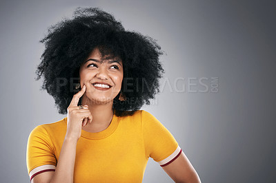Buy stock photo Thinking, girl and decision with choice, idea and problem solving on grey studio background. Person, brainstorming and model with afro or thoughts with inspiration and planning with question or smile