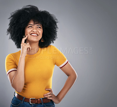 Buy stock photo Thinking, girl and decision with ideas, problem solving and questions on grey studio background. Person, student and model with afro and thoughts with smile and planning with choice and inspiration