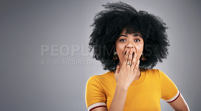 Buy stock photo African woman, shocked and portrait in studio for surprise, wow and amazed facial expression. Young person and isolated with hand on mouth for omg, gossip or mind blown announcement or news on mockup