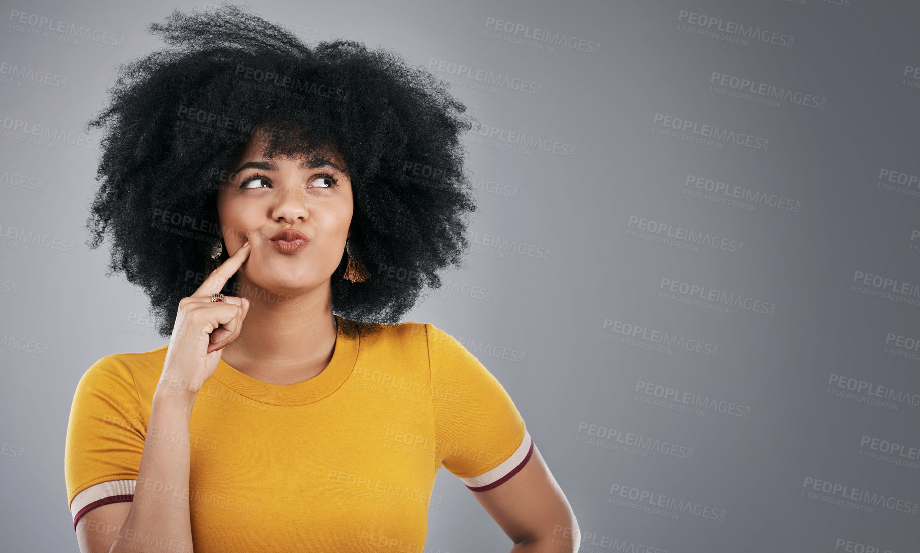 Buy stock photo African woman, thinking and ideas in studio for university decision, confused or question on gray background. Student or girl with emoji face for college choice, option or future plan on mockup space