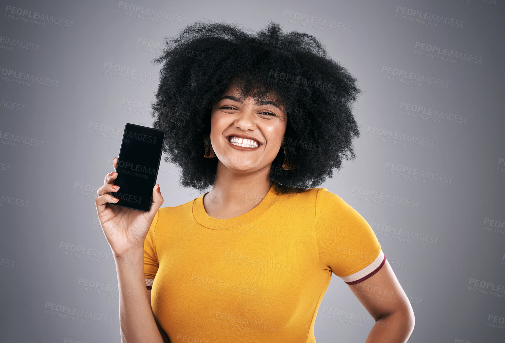 Buy stock photo Phone screen, portrait or woman in studio with mockup for social network, search or info on grey background. Smartphone, space or student with streaming app, sign up or upskill elearning subscription